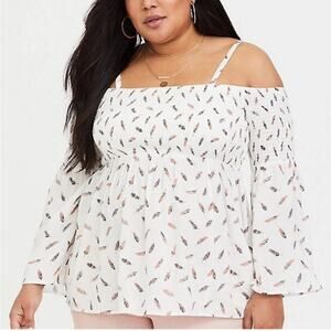 Torrid Boho Feather Print Challis Cold Shoulder Flowy Top - Size 1